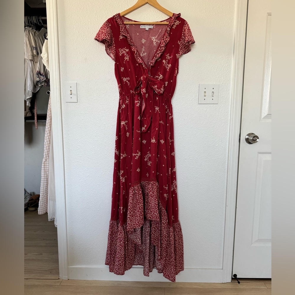 Beyond The Radar Floral Red High Low Maxi Boho Dress Cottage Prairie Cut Out L